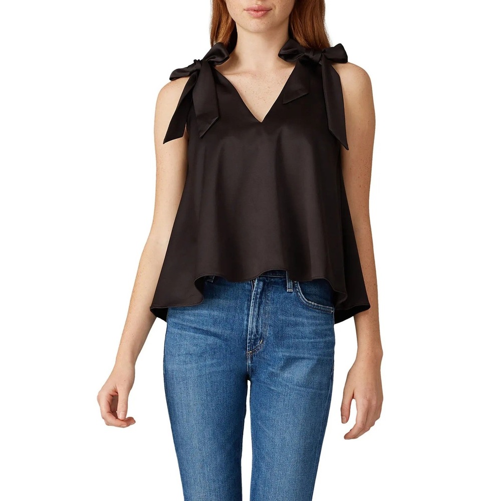 Elliatt Backstage Black Satin Bow Tie Shoulder Sleeveless Top V-Neck Blouse Sz M